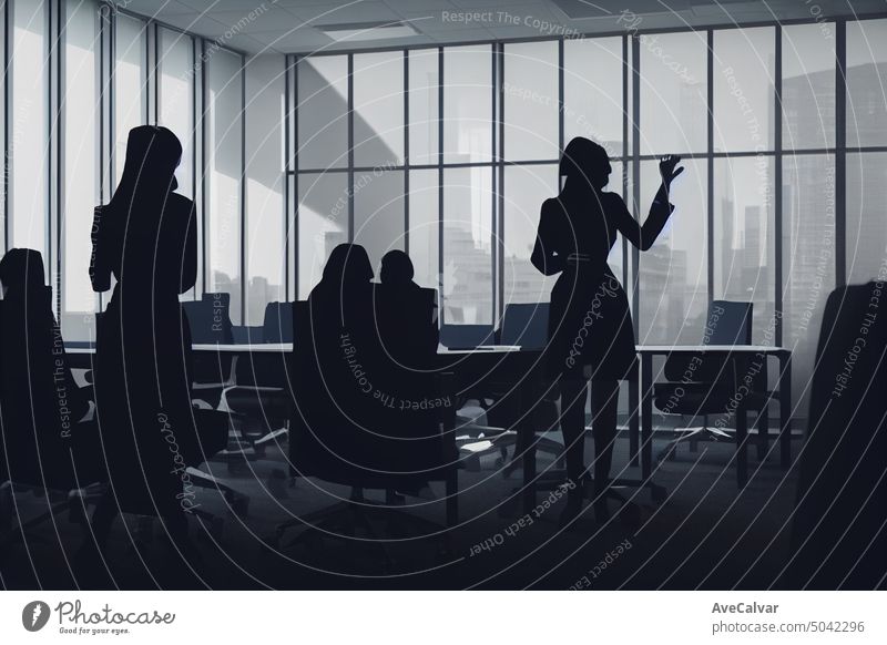 Illustration of a woman silhouette conducting a meeting in a office, woman at work concept,business businesswomen group team boardroom businesswoman chart