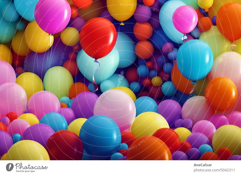 Wallpaper background of a birthday colorful balloons , confetti and birthday party hats composition. Party and celebration concept anniversary colour festive
