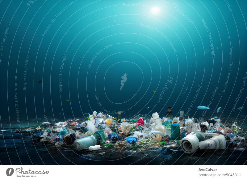 Ocean pollution. Seabed with inhabitants and debris. Plastic bottles, glasses, bags, straws, masks, jars, light bulb. Global problem. garbage under ocean, sea. Copy space