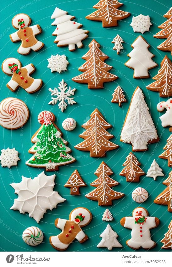 Christmas Tree gingerbread and christmas star cookie with delicate white piped icing, hyper detailed, perfect composition. Celebration christian food sweets. Flat lay banner with copy space