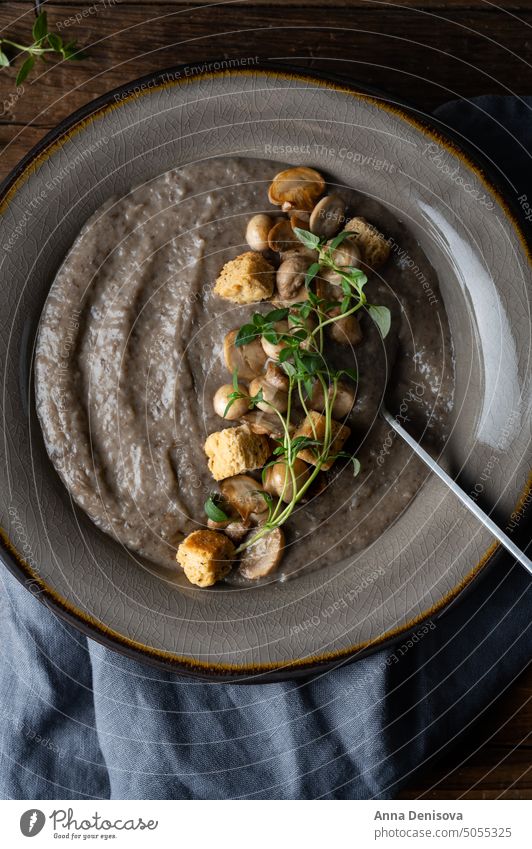 Healthy mushroom soup with crackers healthy cream agaricus bisporus autumn champignon dinner portabello bowl seeds meal button mushroom croutons lunch cuisine