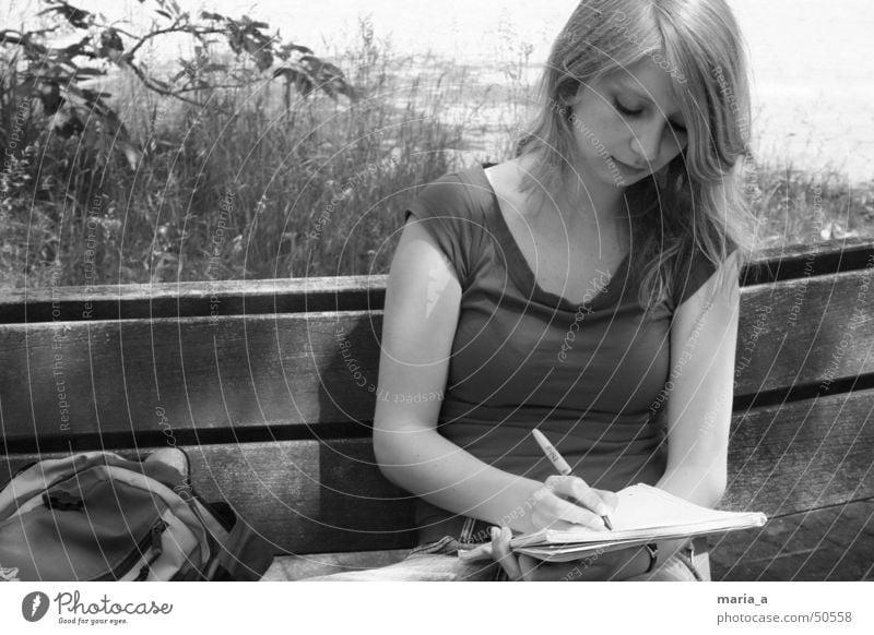 summer Summer Paper Pen Backpack Grass Light T-shirt Blonde Concentrate Writing Sun collegiate block Bench Shadow earring Sit Write Black & white photo B/W