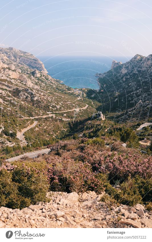 Chemin vers la Calanque de Sormiou Marseille Calanques Provence Meer Mittelmeer Wärme Weg Pfad Panorama Landschaft Natur Wanderweg Wanderung Tal Heide Kalkstein