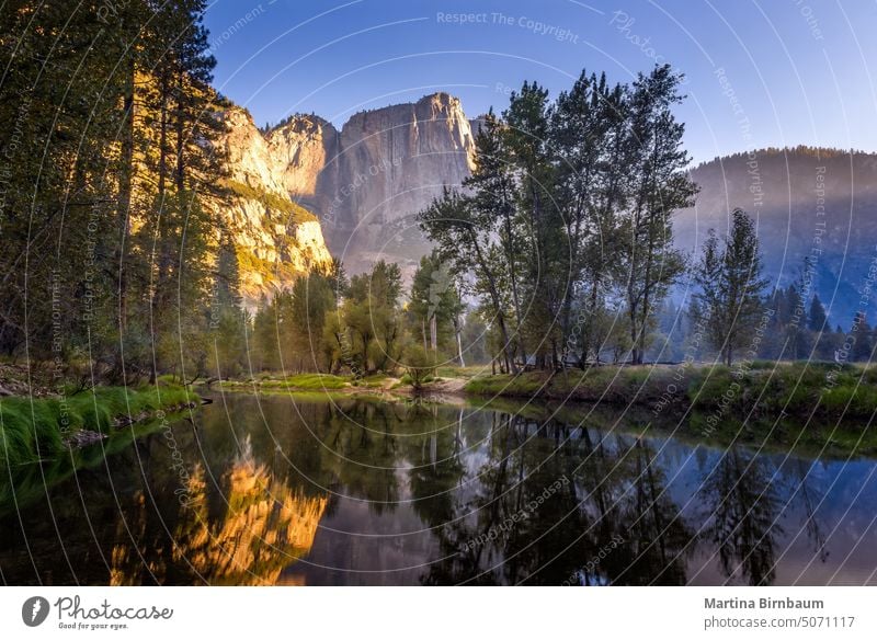 The Merced River and the Yosemite Falls in the Yosemite National Park, California el capitan river nature california rock usa yosemite falls