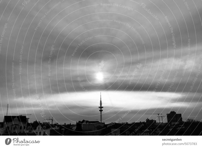 The sky over Hamburg. Sky Clouds Architecture Sunlight Sunset Television tower Black & white photo Silhouette Town Landmark Manmade structures Tower
