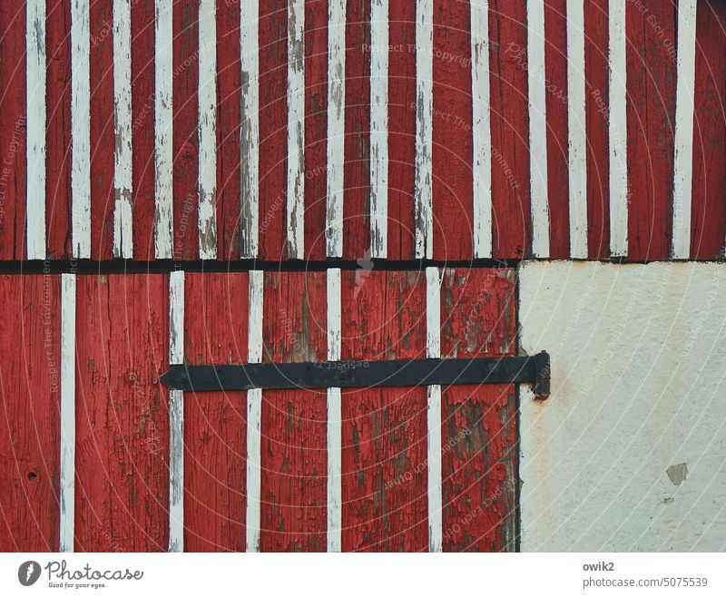 barcode Barn door Red White lines Wood Old boards Shabby Complex Long shot Hinge Colour Old coat of paint Dye cracks Flake off Surface structure Ravages of time
