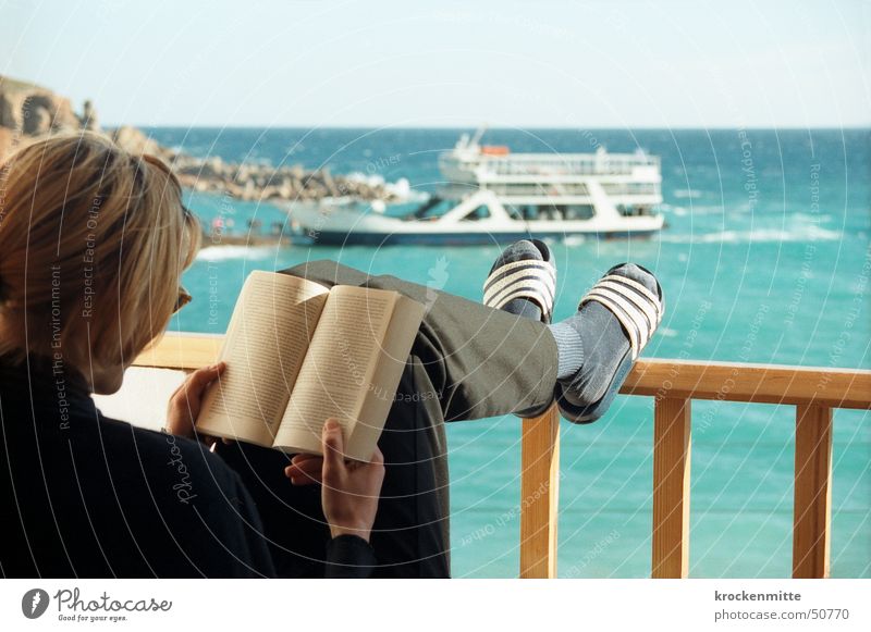 holiday novel Vacation & Travel Book Watercraft Ocean Balcony Reading Greece Crete Ferry Sunglasses Woman Break Print media Vacation novel Novel Hotel Room
