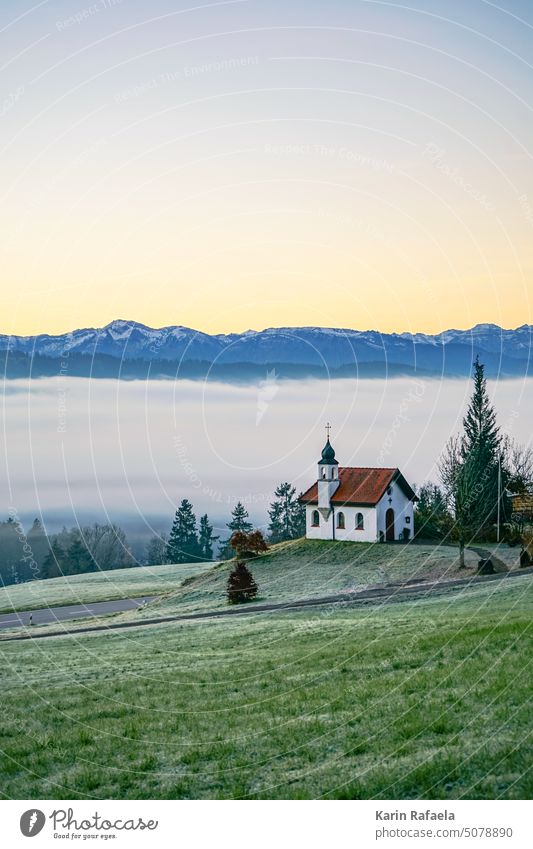 Church near Scheidegg at sunrise Allgäu Allgäu Alps Mountain Bavaria Tourism Landscape Nature Exterior shot Deserted Vacation & Travel Sky Colour photo Day