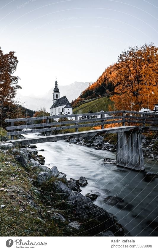 Church in Ramsau, Berchtesgaden in autumn Berchtesgaden Alpes Berchtesgaden Country Ramsau near Berchtesgaden Alps Bavaria Tourism Day Mountain Hiking Nature