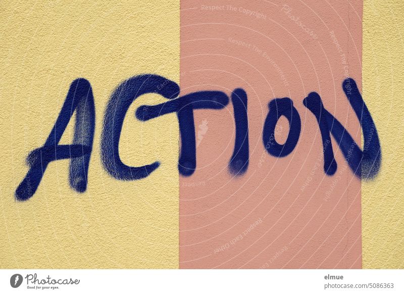 ACTION is written in blue print on a two-color wall action Action thrilling Tat Movement fight scene Graffiti Daub Damage to property house wall Colour Blog