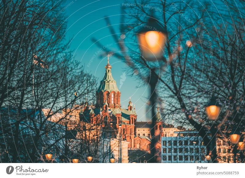 Helsinki, Finland. Uspenski Cathedral On Hill At Winter Morning. Red Church Is Popular Tourist Destination In Finnish Capital. architecture city town
