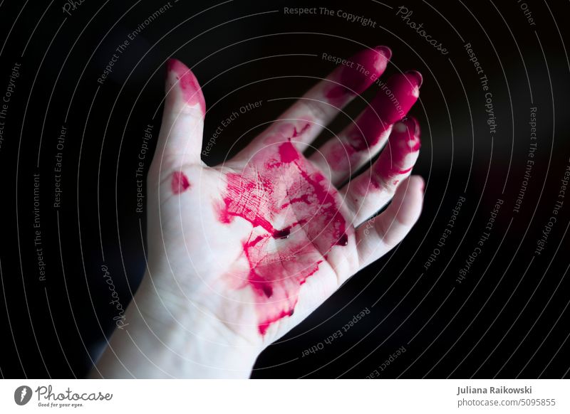 Hand with pink color Studio shot Colour photo Fingers Human being Close-up Red Blood Detail Skin Woman blotch sour Feminine Wound 1 White Adults