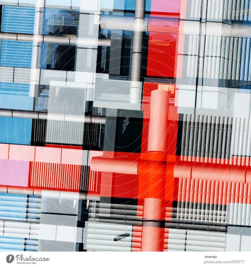 Oblique + Structures and shapes Pattern Abstract Close-up Double exposure Irritation Perspective Arrangement Red Gray Blue Modern Uniqueness Hip & trendy Window