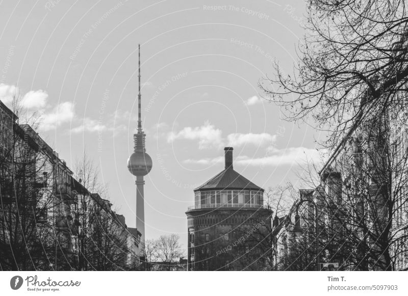 At the water tower Television tower Prenzlauer Berg b/w Downtown Town Berlin Capital city Black & white photo Deserted Exterior shot Day Old town