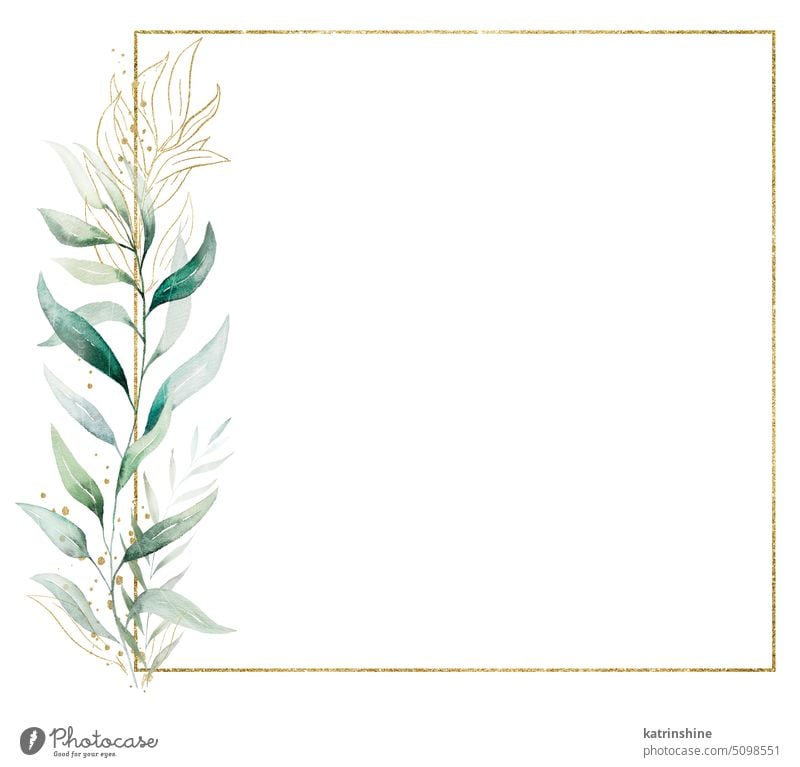 Square golden frame made of green watercolor leaves, wedding illustration Birthday Botanical Decoration Drawing Element Foliage Garden Hand drawn Isolated