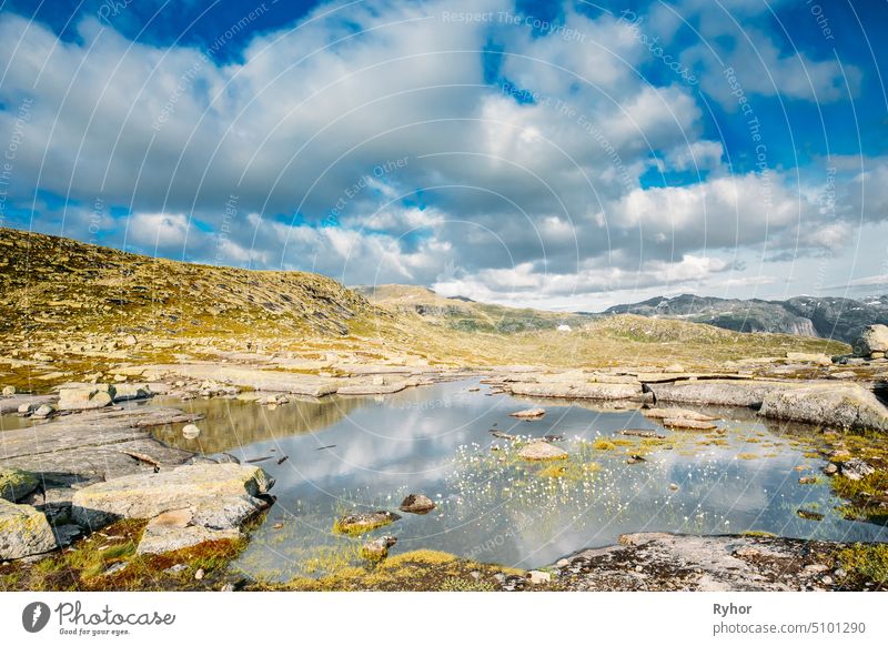 Mountains Landscape With Blue Sky In Norway. Travel In Scandinavia. blue sky scene sunny journey high over nature view amazing mountain tourism nobody landscape