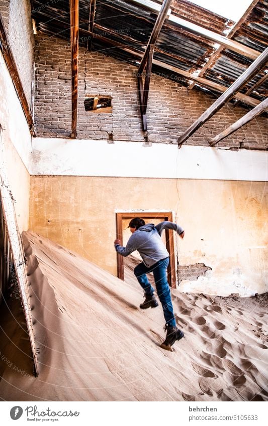 Gap | flexible roof construction Old Broken House (Residential Structure) corrupted Force of nature decay Boy (child) Kolmannskuppe Ghost town Sand Child Ruin