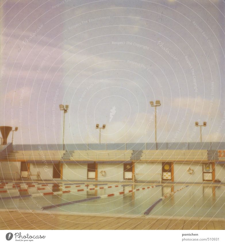 Polaroid of an empty outdoor pool with spectators. Swimming stadium Aquatics Swimming & Bathing Sporting Complex Swimming pool Sports Open-air swimming pool