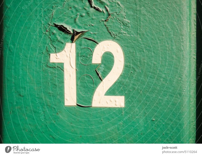 12 + 8 = 182 number Change Surface Green Weathered Typography glued Varnish Signs and labeling Authentic Ravages of time Relay Transience Detail Past Coated