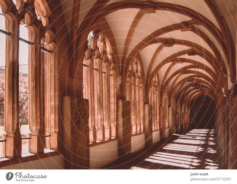 Cloister with light and shadow of its time cloister Architecture roofed convex archway Shaft of light Shadow Window Sunlight Structures and shapes Historic