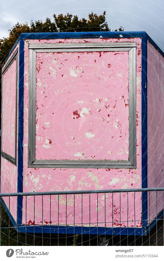 Pink candy colored stall with peeling paint sales booth candy colours Old flaking paint Detail Deserted Close-up Exterior shot Colour photo Ravages of time