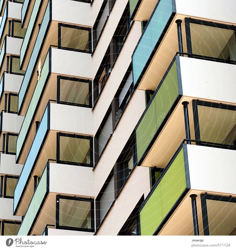 643 Living or residing House (Residential Structure) Building Architecture Facade Balcony Window Line Sharp-edged Simple Tall Colour Perspective Colour photo