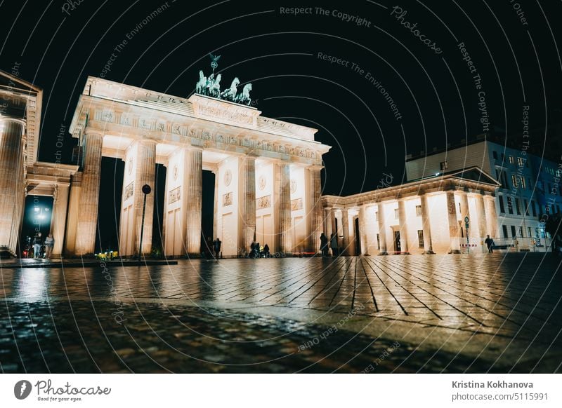October 2021 - Berlin, Germany. Brandenburg Gate stands on Pariser Platz. Construction is illuminated. Night sky background. berlin building gate germany