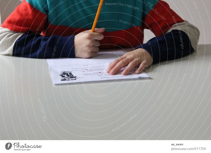 homework Boy (child) Infancy Hand Fingers 3 - 8 years Child Sweater Paper Piece of paper Pen Think Reading Write Blue Gray Orange Red Turquoise White Calm