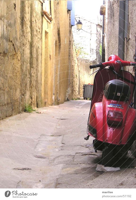Red scooter Motorcycle Vehicle Alley Italy Vacation & Travel France Driving Walking Speed Scooter Summer Electrical equipment Technology Street Lanes & trails
