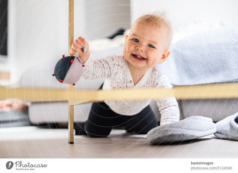 Cute infant baby boy playing with hanging ball, crawling and standing up by living room table at home. Baby activity and play center for early infant development. Baby playing at home.