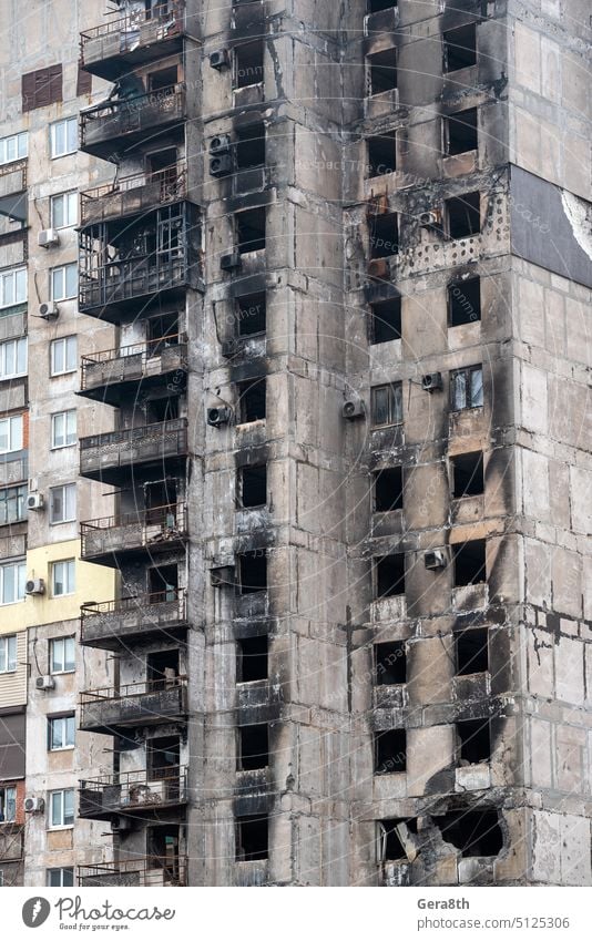 destroyed and burned houses in the city Russia Ukraine war Donetsk Kherson Kyiv Lugansk Mariupol Zaporozhye abandon abandoned attack blown up bombardment broken