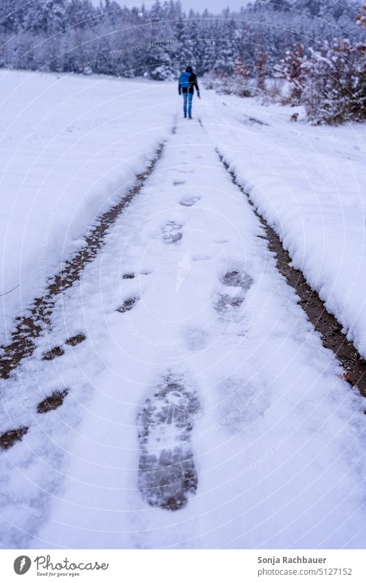 Back view of man and small dog in schee Snow Footprint Winter hike Man Rear view Lanes & trails Cold Snow track Frost footprints White Ice Day Winter mood