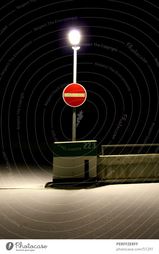 one-way street One-way street Red Transport Lamp Night Loneliness Lantern Dark Winter Parking garage Signs and labeling Snow Calm perff