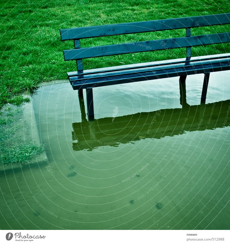 Flooding Grass Threat Bench Deluge Inundated Water Puddle Wet Rainwater Gloomy Comfortless Water damage Storm Colour photo Exterior shot Copy Space bottom Day