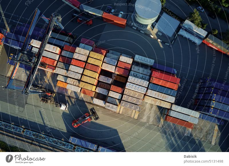 Containers warehouse, aerial view. Shipping and logistic concept maersk cargo container shipping containers train railroad economic economy export freighter