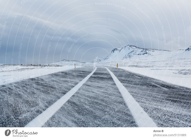 Snow track on a road on a stormy winter day in beautiful lonely landscape Winter Street snowy Traces of snow Gale Snowstorm snow drifts Landscape