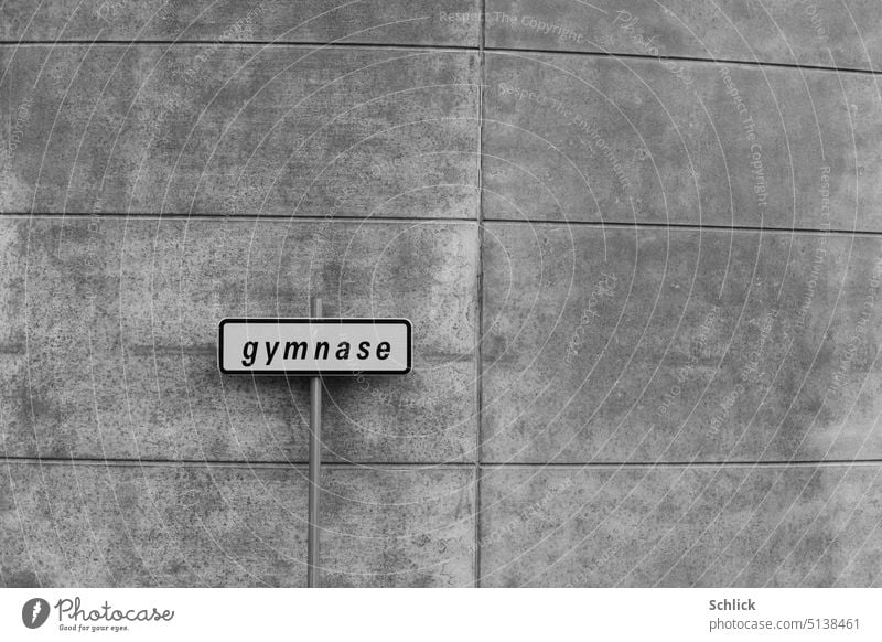 gymnase is written there in french on a sign in front of a dreary concrete wall, foreshadowing useless sweaty smell in the closed room French Concrete wall