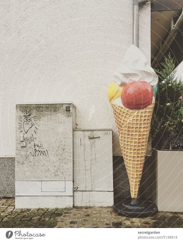 Ice on the stream power box Box Waffle display ice cream shop Gray variegated Building edge Doomed turned off Colour photo Red Delicious Electricity