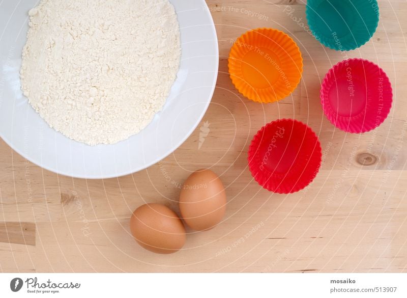 Baking Muffins - close up of flour, eggs and muffin forms Food Cake Candy Feasts & Celebrations Eating Birthday Delicious Funny Multicoloured Ingredients Flour