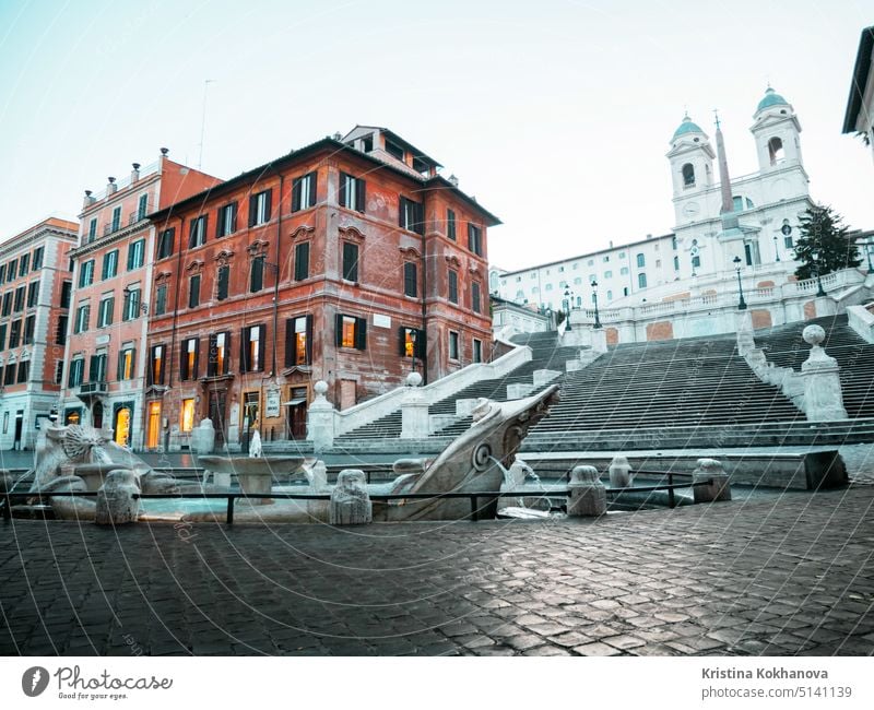 Spanish Steps in Rome, Italy. Piazza di Spagna in the morning, There are nobody of tourists. rome italy architecture church fountain landmark monument spanish