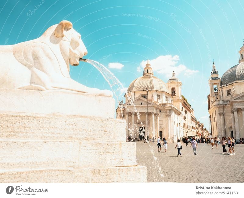 Rome, Italy 7 July, 2018. Piazza Del Popolo is popular destination in Rome. Fountain of lion close-up. italy landmark rome ancient architecture church city