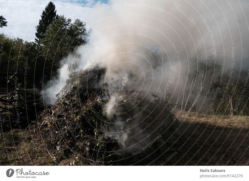 autumn fire made of dry grass, leaves and branches. Big smoky fire. Total air pollution. Bad neighbours. grass burning leaves burning burning waste smoke