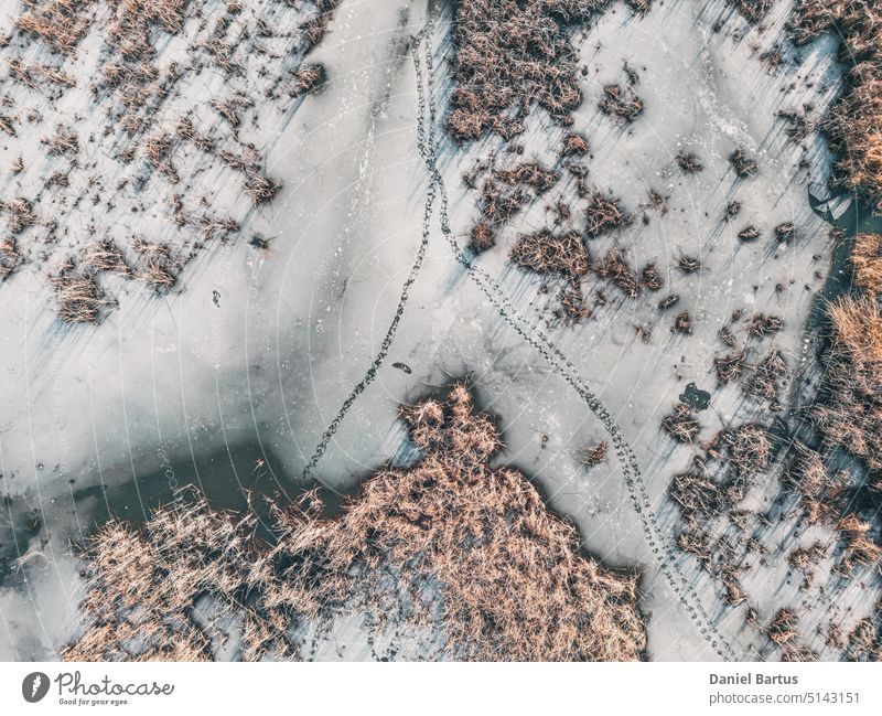 Panoramic aerial view of a frozen lake with animal tracks and cracked ice. Animal tracks on the frozen surface of the lake. Cracked ice on the lake background