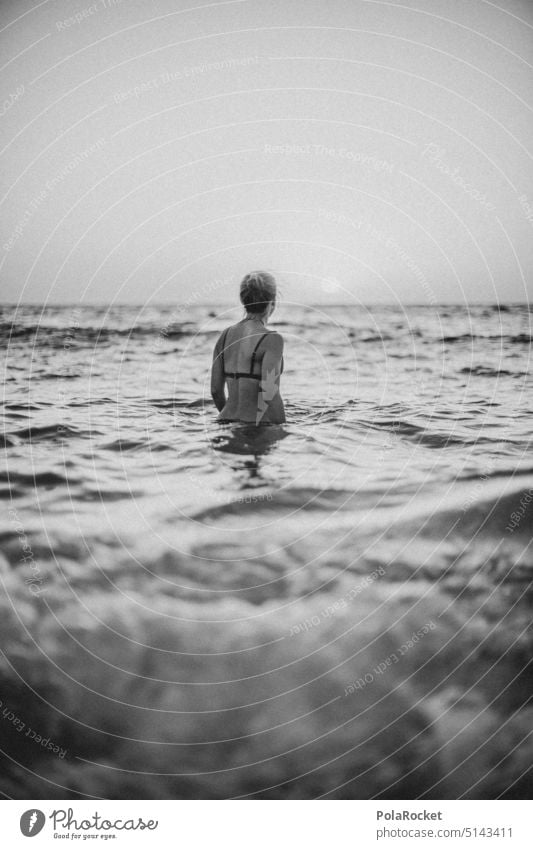 #AS# future woman Woman Future Girl power Ocean bathe Swimming & Bathing Black & white photo Seashore Sea water salt water Fear of the future Far-off places