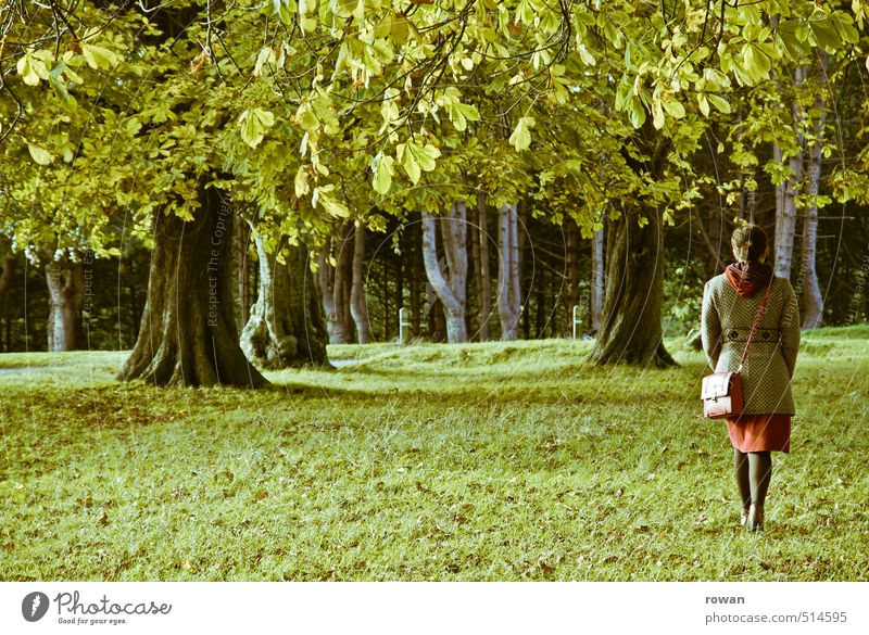 stroll Human being Feminine Woman Adults 1 Going Leaf Leaf canopy Tree Dress Skirt Green Grass Meadow To go for a walk Park Relaxation Nature Air Colour photo