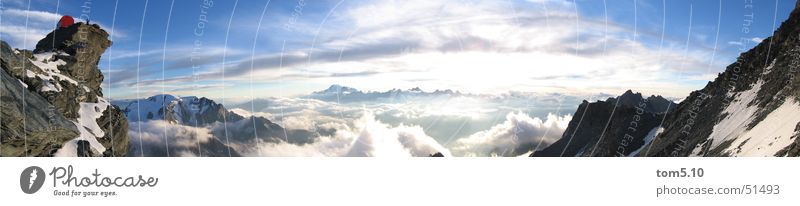 bivouac box Clouds Bivouac Mountaineering Hiking Panorama (View) Mountain range Horizon Rock mount blanc Climbing Snow Sky Sun Alps Blue Large Panorama (Format)