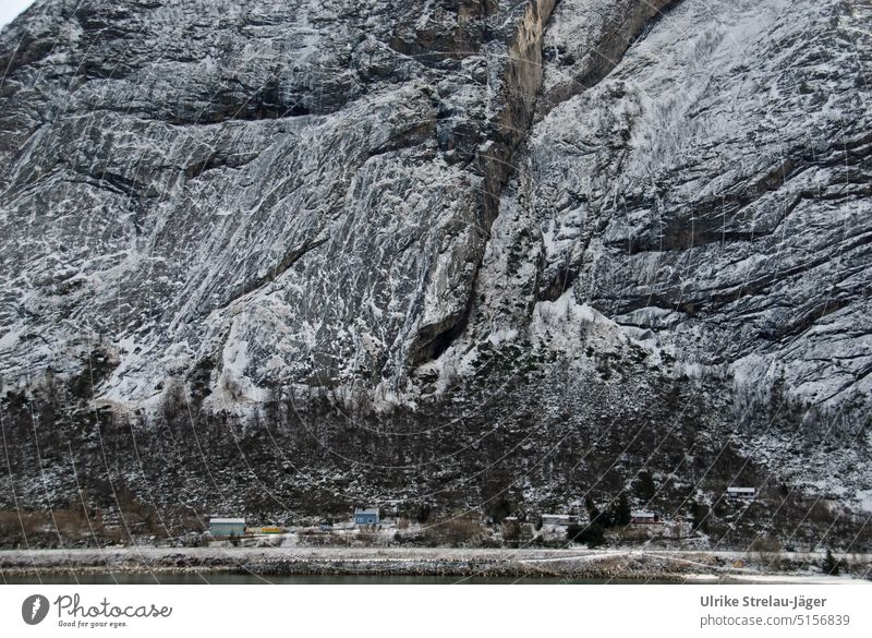 Lonely houses on snowy mountainside fjord in Norway lonely houses snow covered mountainside Slope Edge of the forest Fjord steep slope Mountain Rock Snow chill