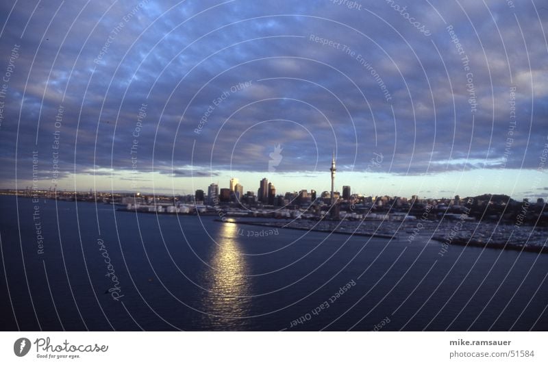 Auckland Skyline New Zealand Sky Tower Dark Twilight Clouds Town Australia + Oceania Watercraft Reflection Sun Harbour