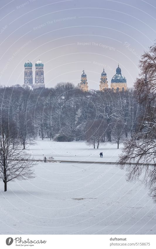City panorama Munich in winter Town Bavaria Snow Germany Architecture Sky Landmark Tourism Sightseeing Tourist Attraction City trip Exterior shot Monument