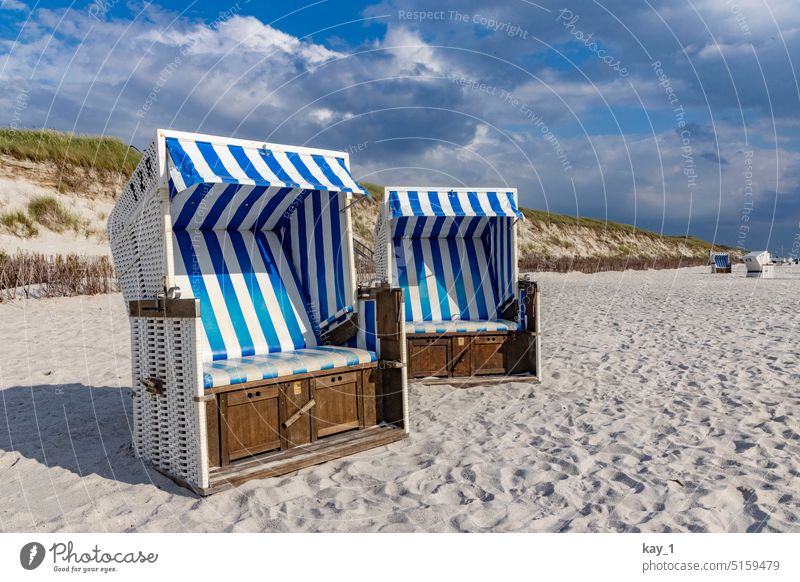 Beach chairs on the beach with dune in the background beach chairs Beach dune Sand Sandy beach coast duene Marram grass dune landscape blue-white Sunlight